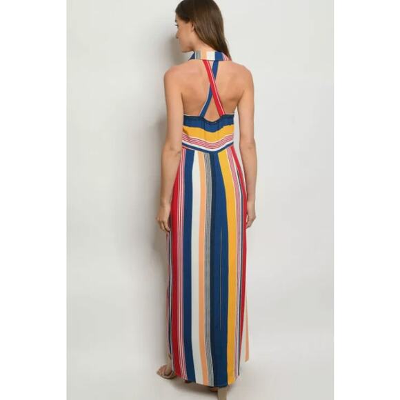 Retro funky Lulumari striped colorful collared button tie front small maxi dress - Picture 3 of 10